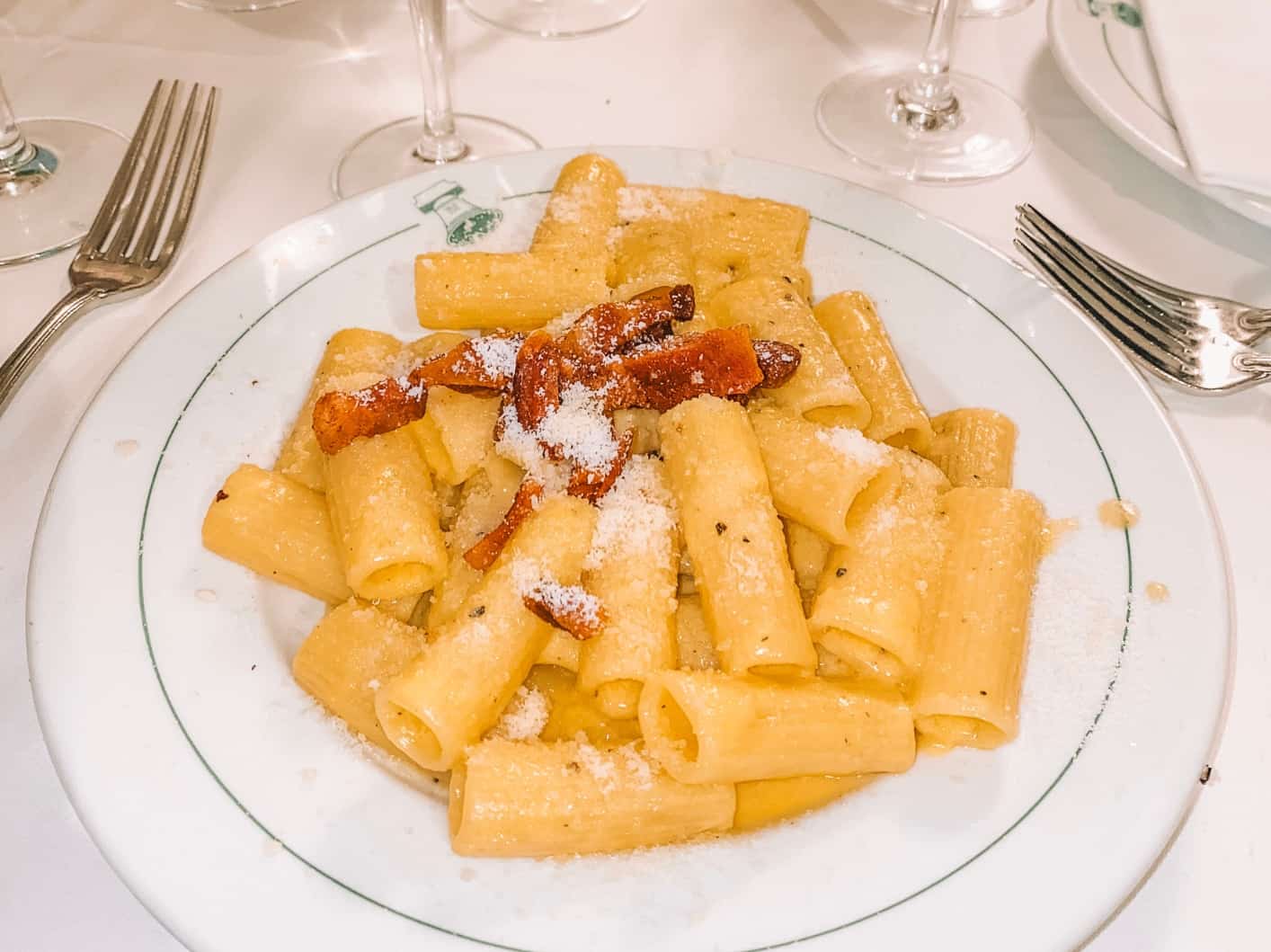 Rigatoni alla carbonara from Ristorante La Campana – the oldest restaurant in Rome. 