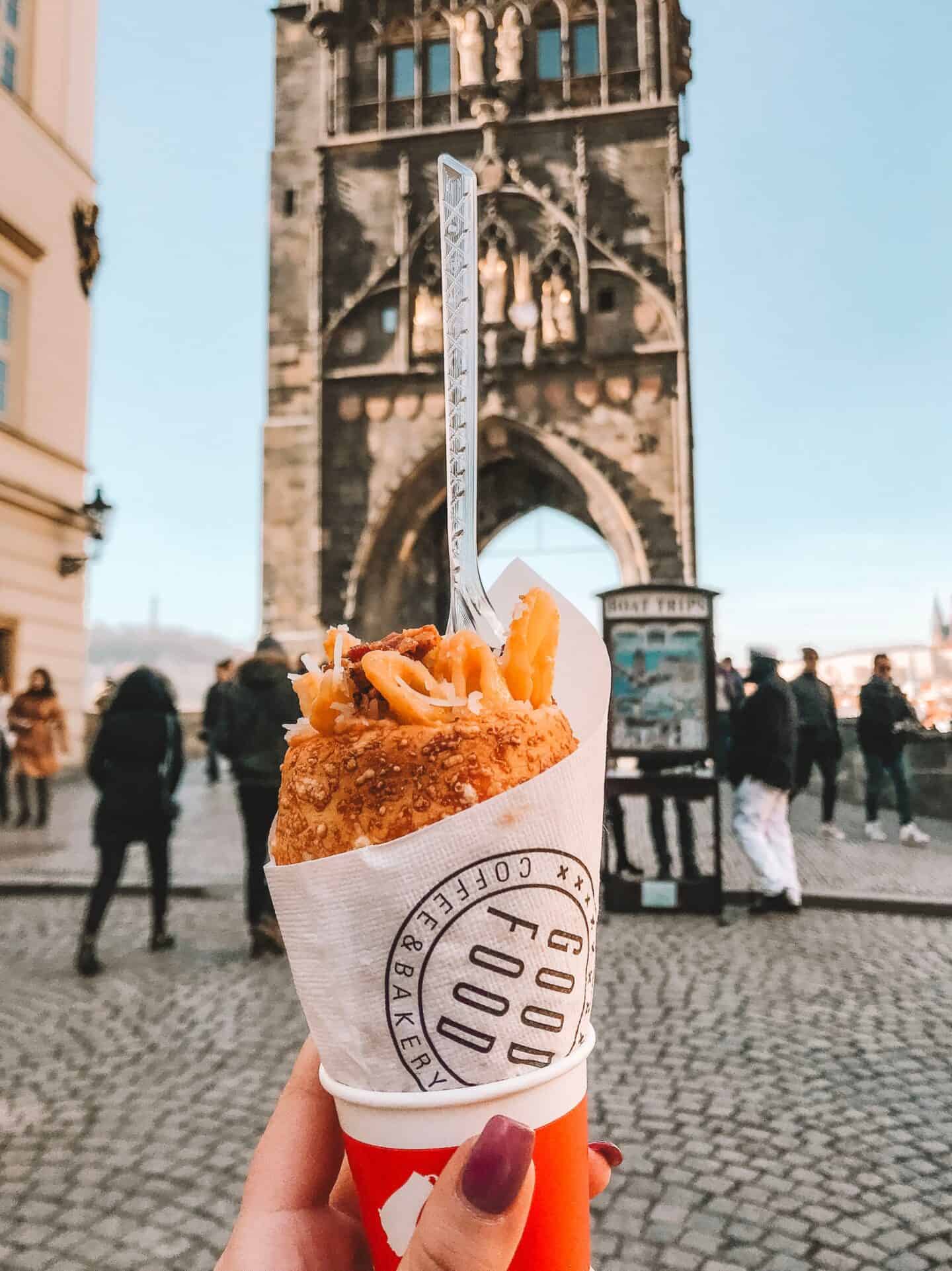A mac n' cheese filled trdelník from Good Food in Old Town Square Prague.