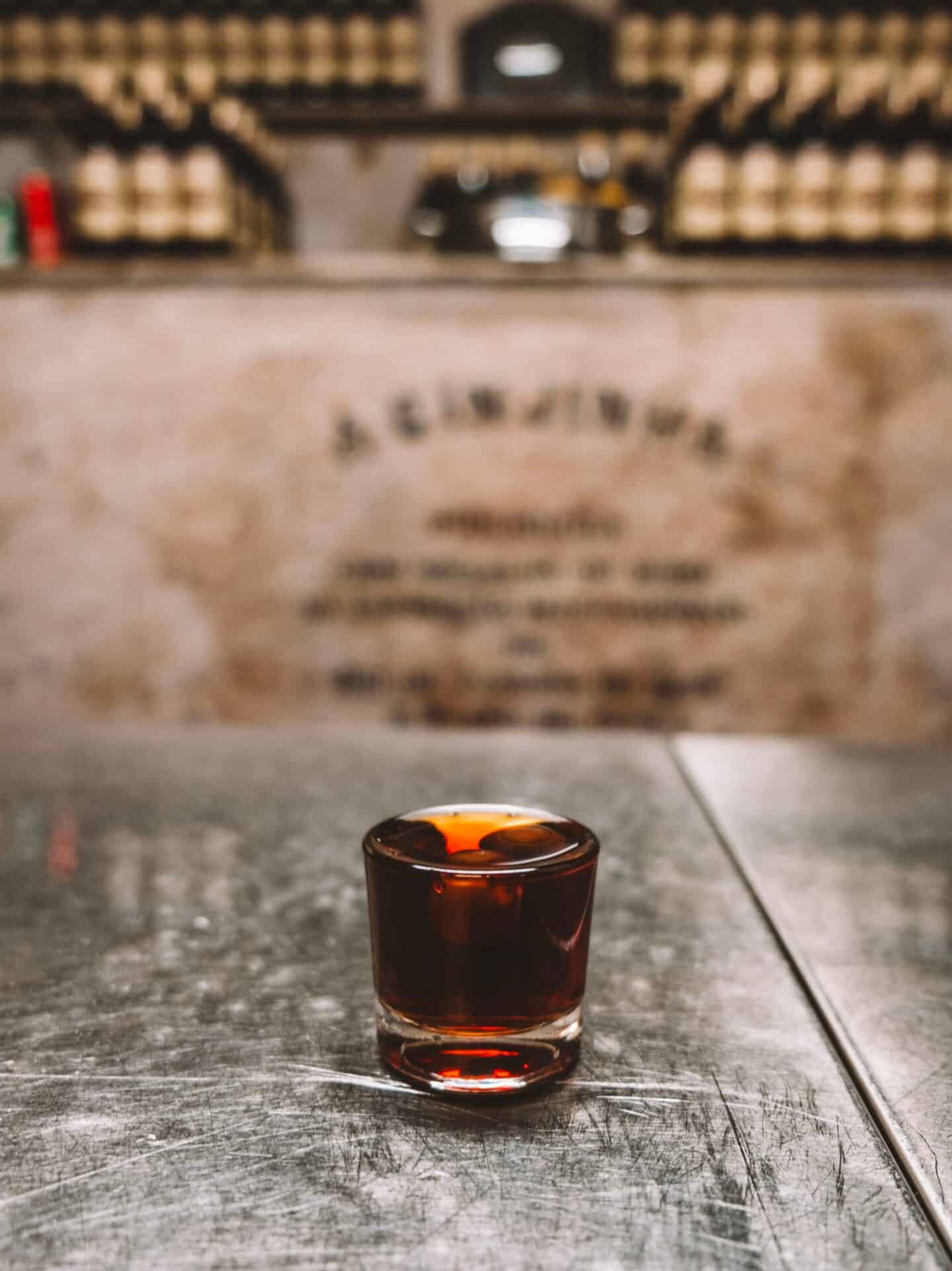 A glass of cherry ginja from A Ginjinha, a piece of Lisbon's history. 