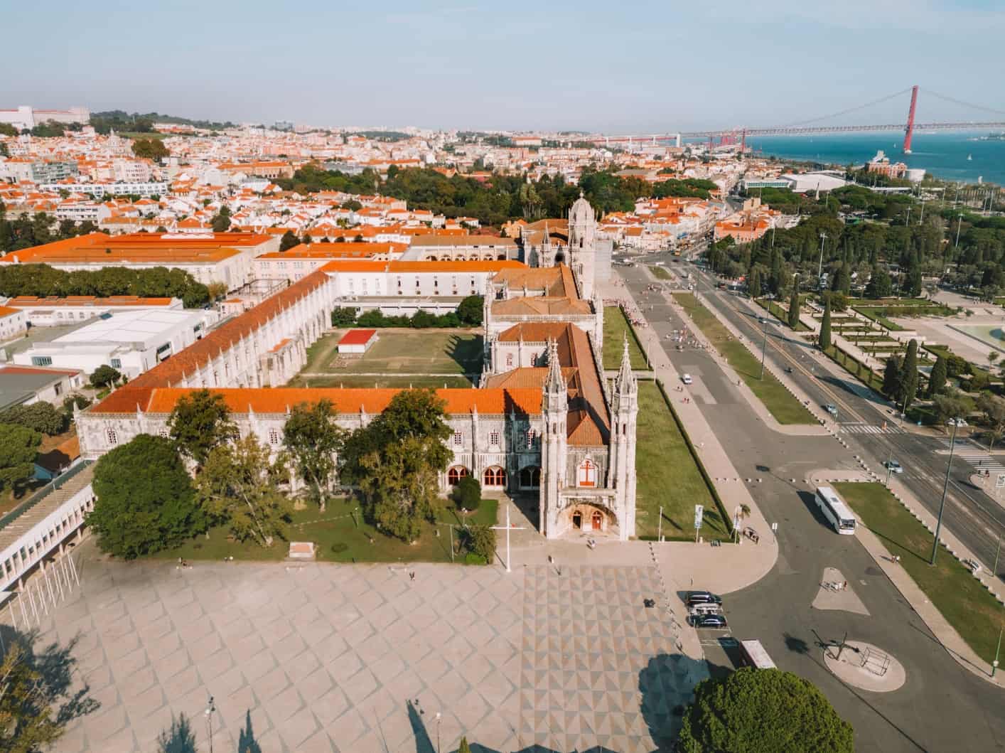 The Jerónimos Monastery from the air in the Belem neighborhood of Lisbon. 