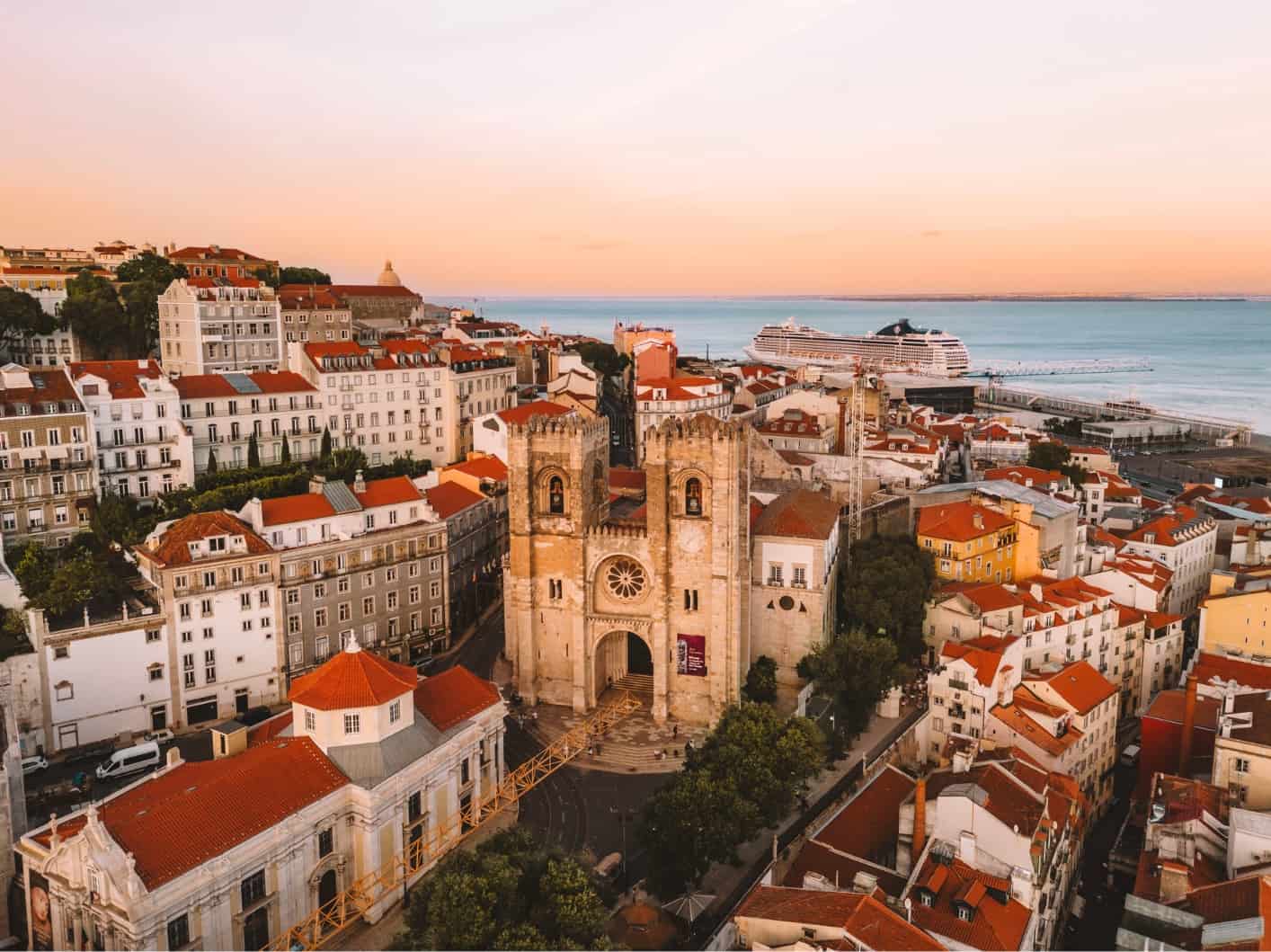 An aerial shot of the Sé Cathedral, one of the oldest cathedrals in Lisbon. 