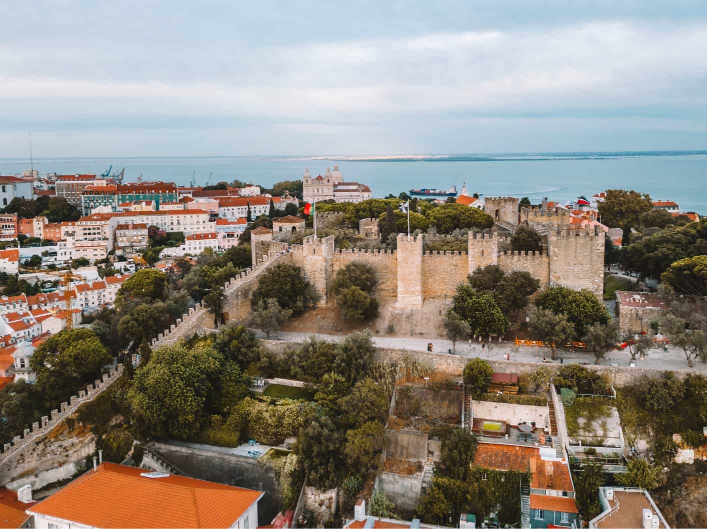 The Castelo de São Jorge from the air. Visiting this castle is a must on any 5 days in Lisbon itinerary. 