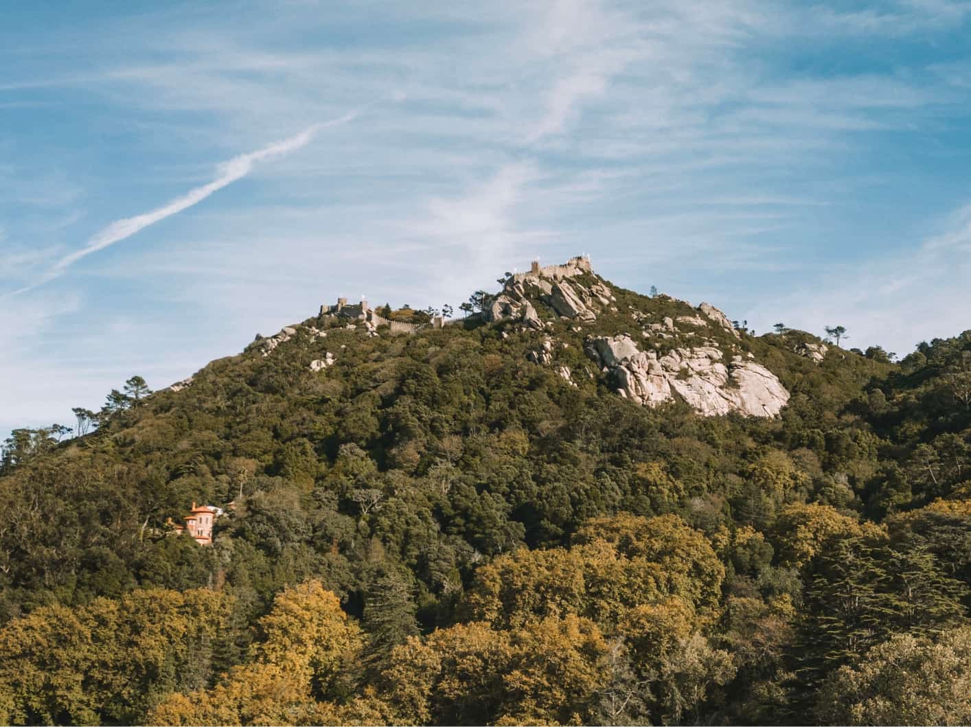 Castelo dos Mouros or The Moorish Castle at the top of the hill in Sintra. 