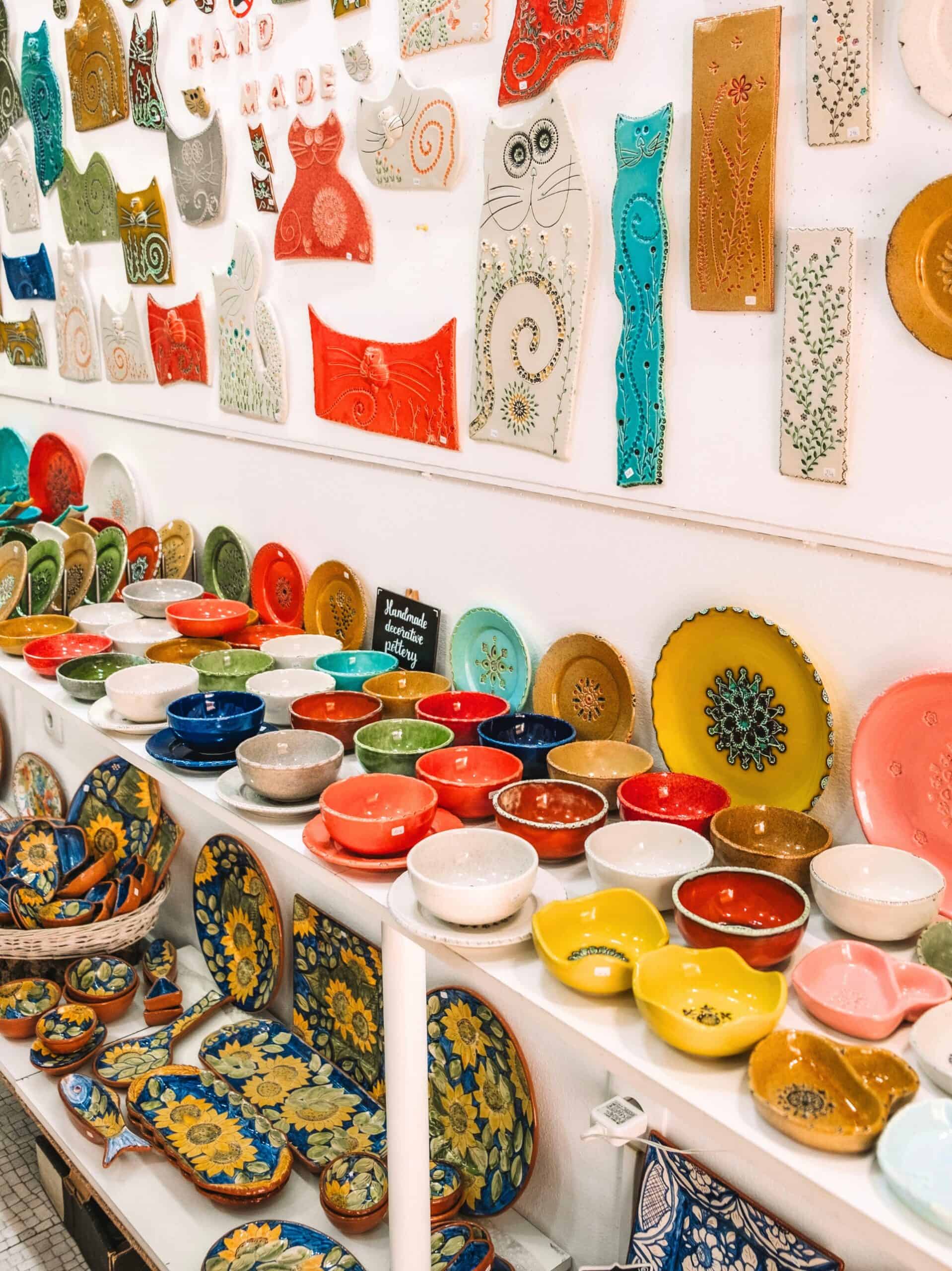 Handmade colorful pottery at one of Lisbon's souvenir shops. 