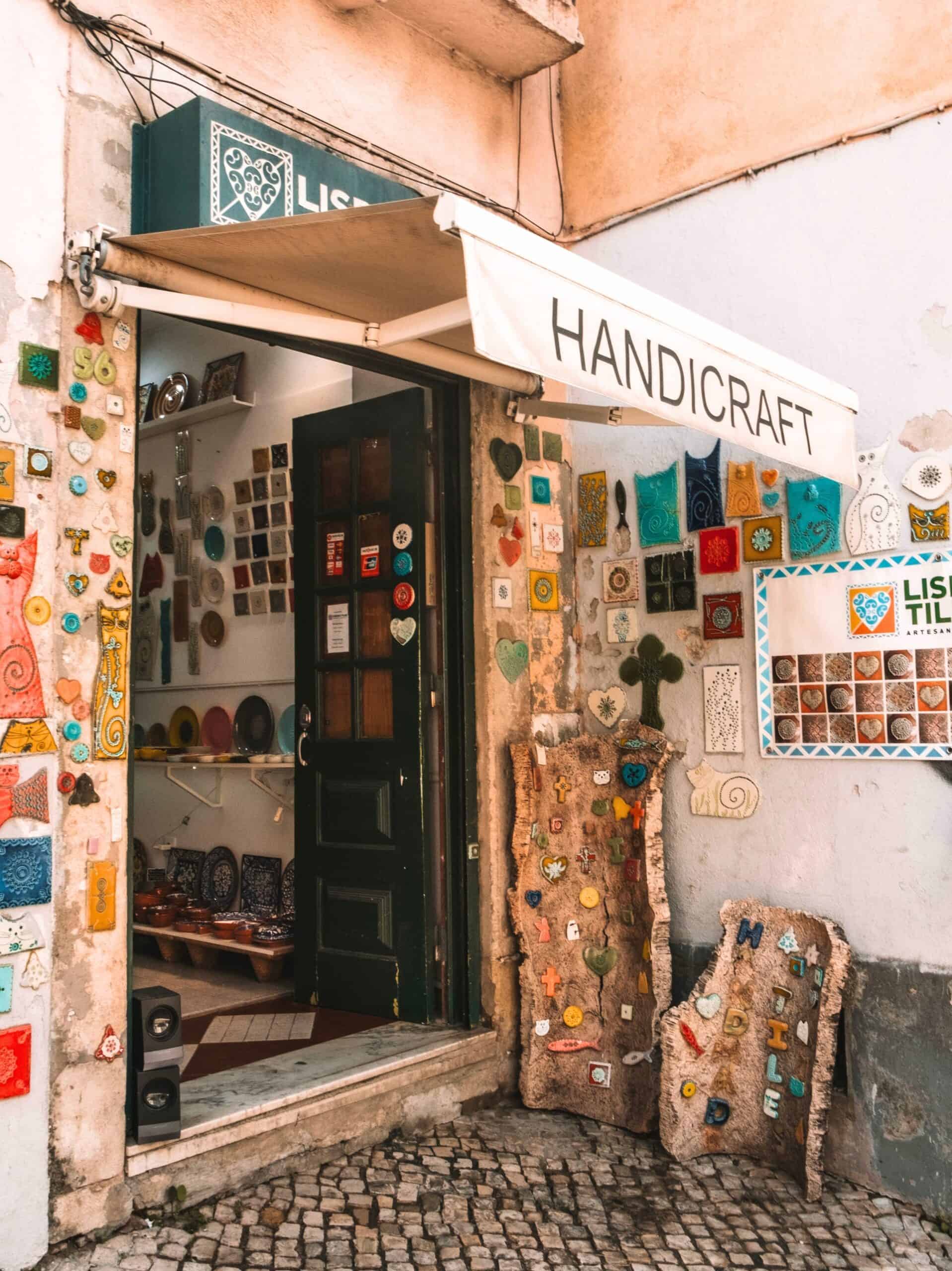 The outside of a handmade pottery shop in Alfama. 