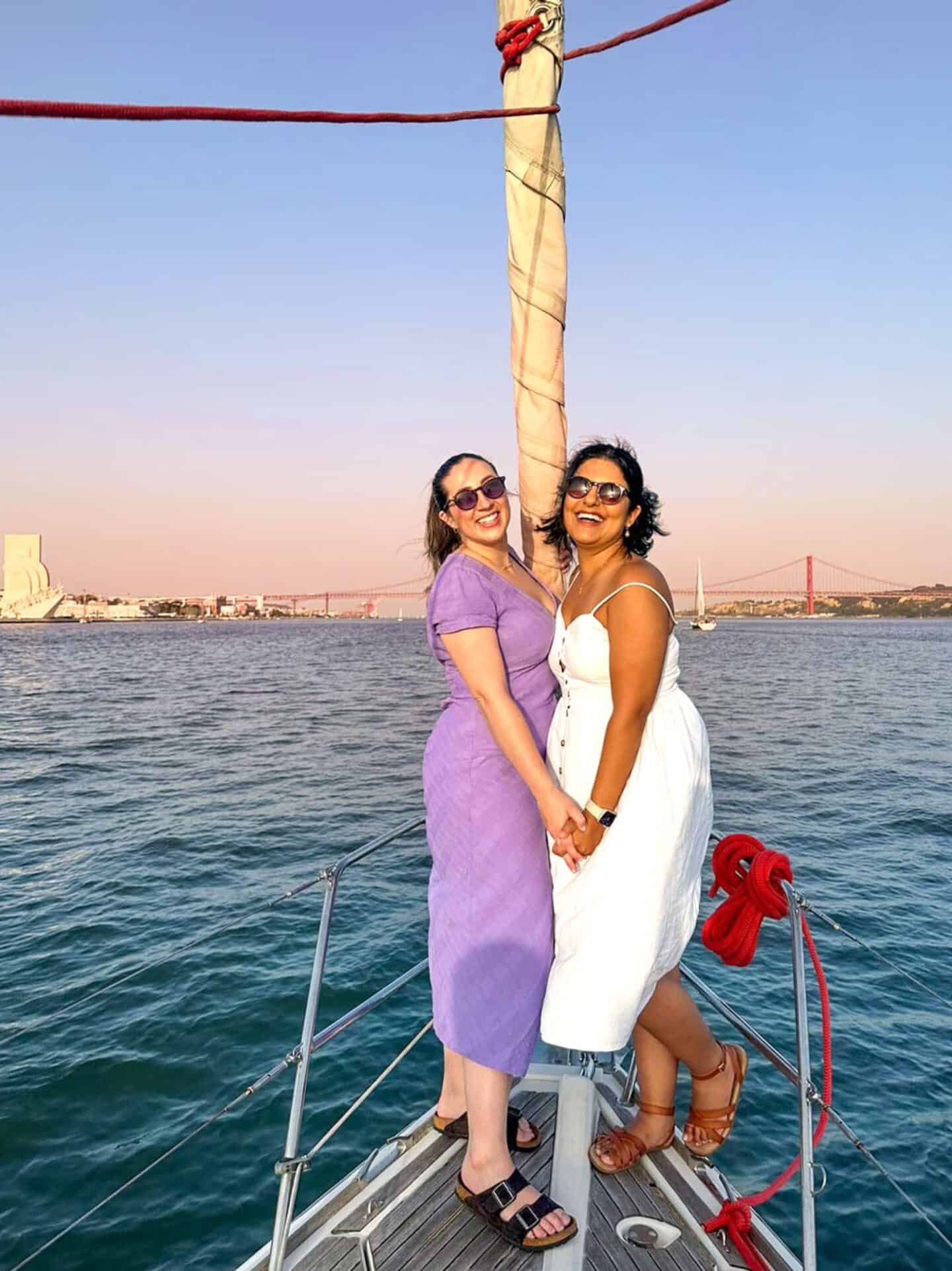 My friends enjoying a sunset sailboat cruise at the end of their 5 days in Lisbon. 