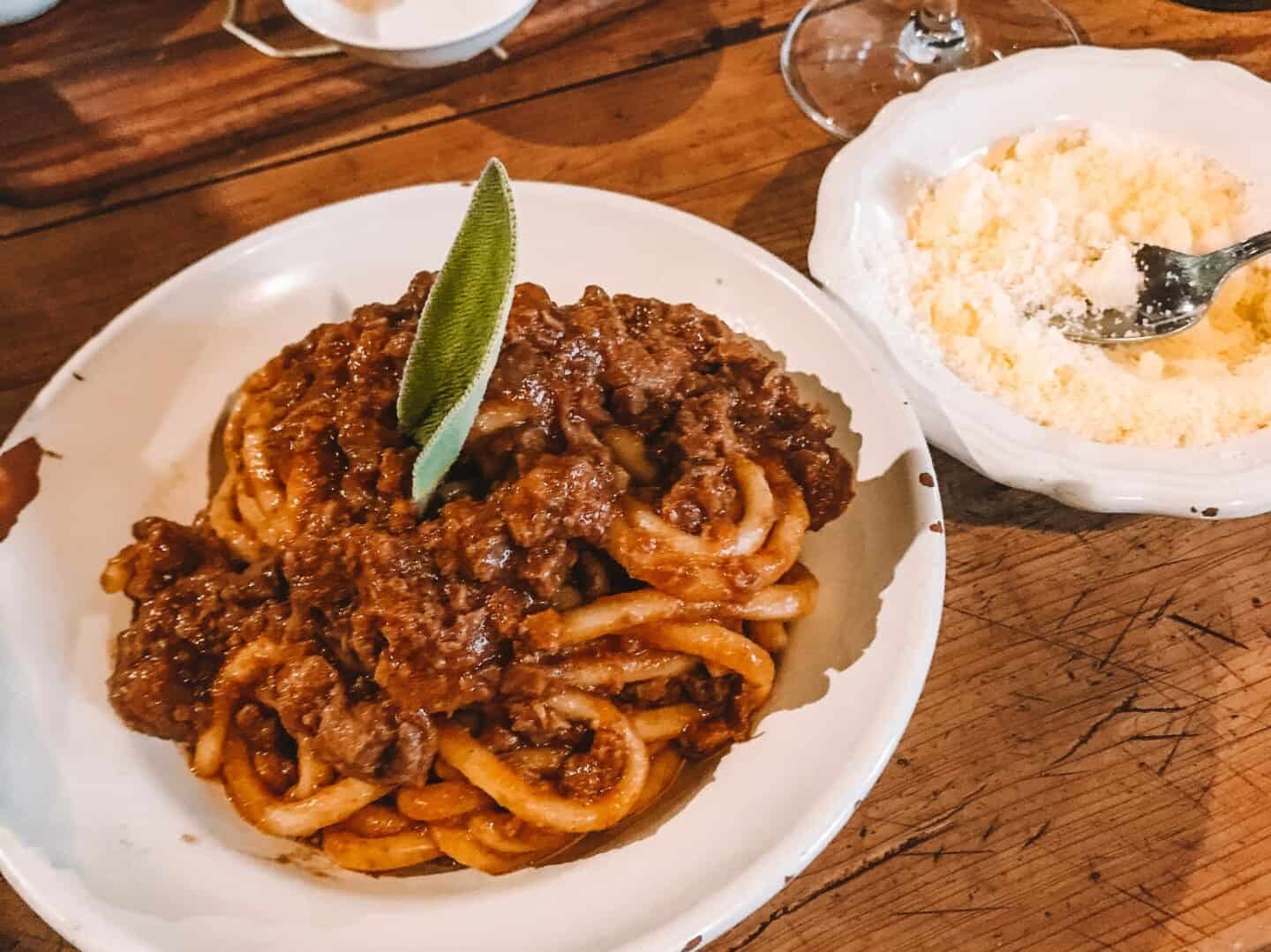 Pici pasta with boar is a typical Florentine dish 