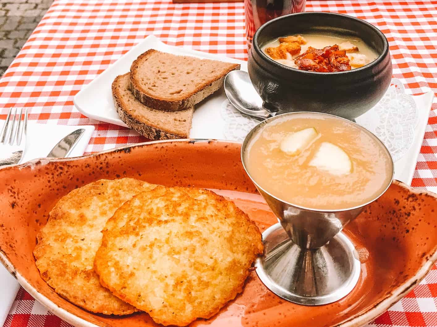 A mid-day snack of potato pancakes and potato soup at the Ratskeller Munchen in Marienplatz