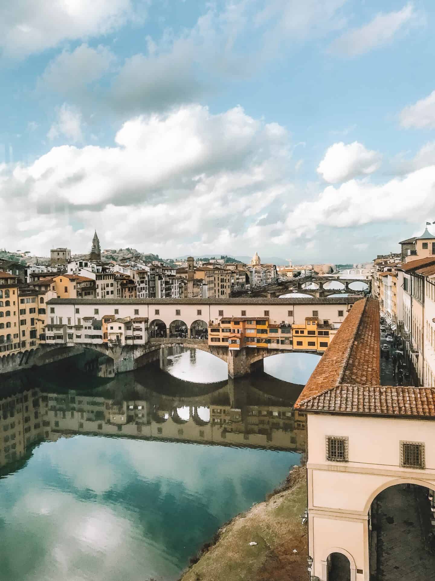 Views of the Ponte Vecchio from the Uffizi Gallery in Florence Italy