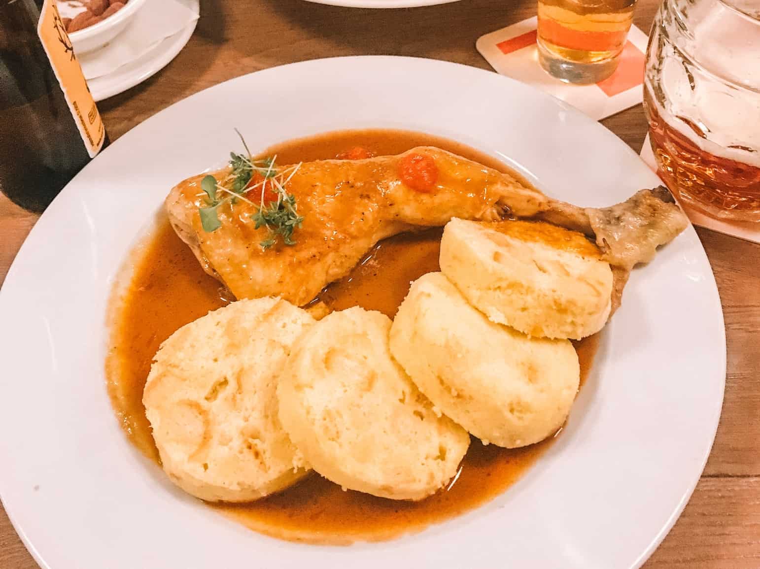Chicken with paprika sauce from Vinohrdasky Parlament – some of the best cheap eats in Prague. 