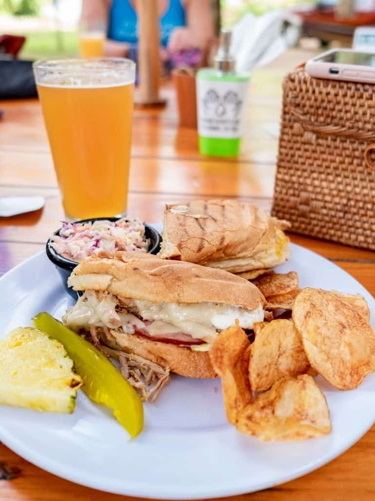 A cubano and chips from the Roatan Brewing Company