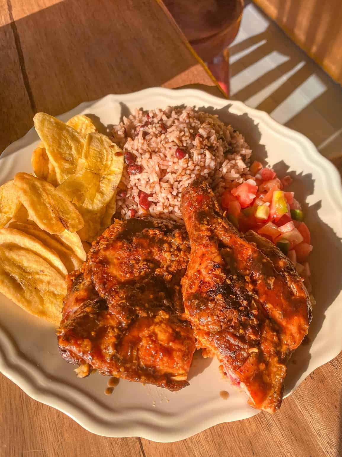 Jerk chicken and fried platains from Anthony's Chicken in Roatan