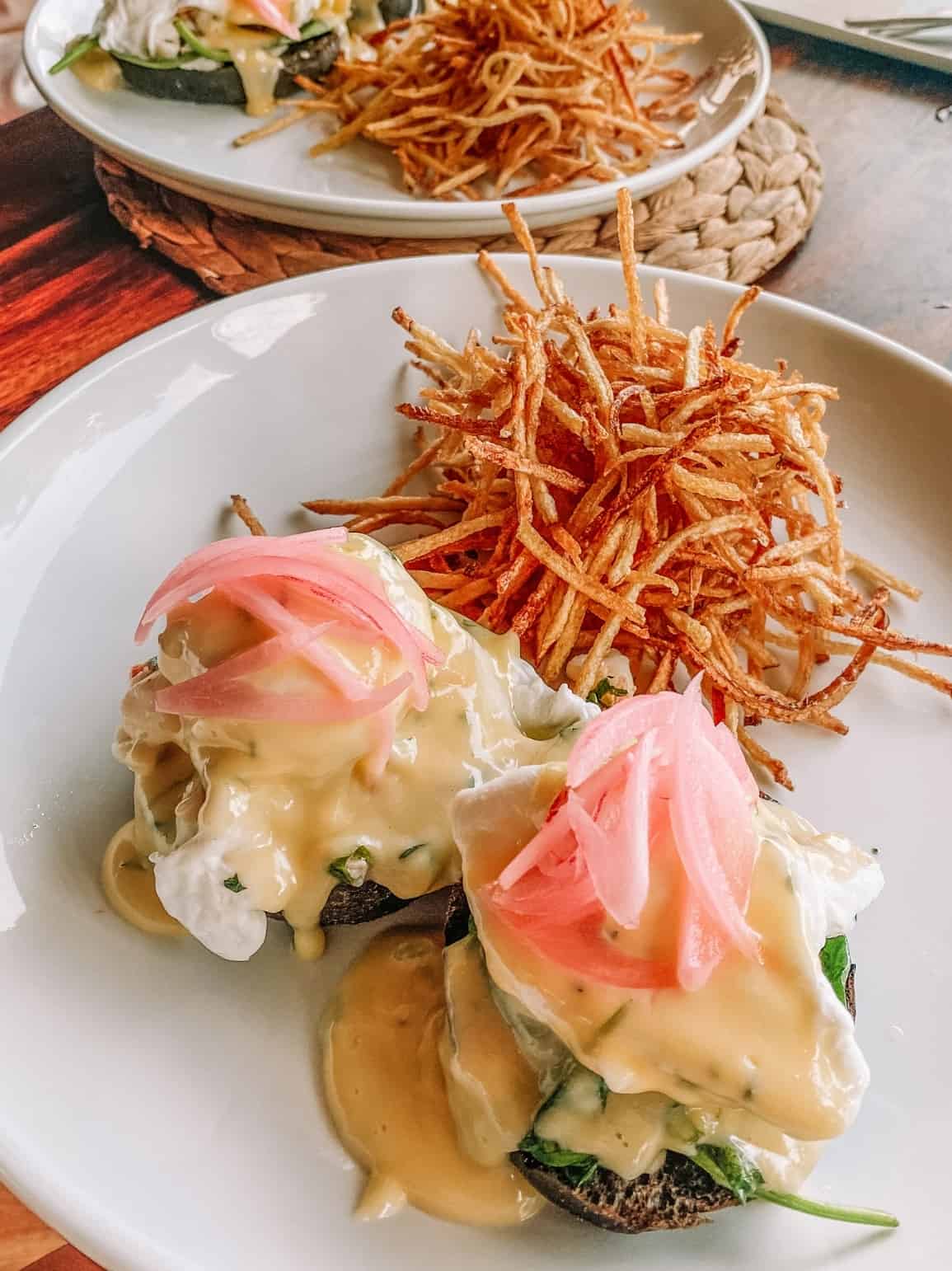 Delicious lobster eggs Benedict from Luna Muna, some of the best food in Roatan 