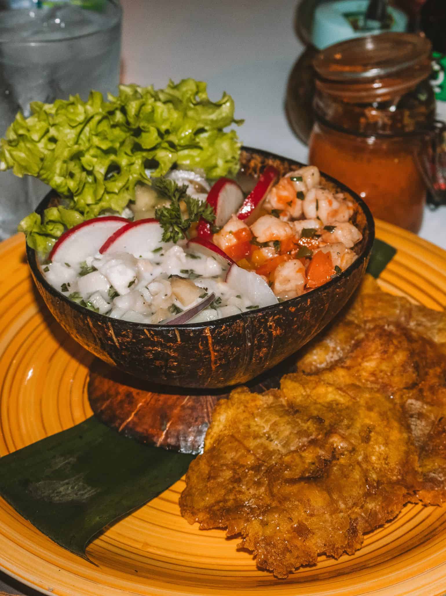 Delicious mixed ceviche and plantain fritters from Pura Vida. 