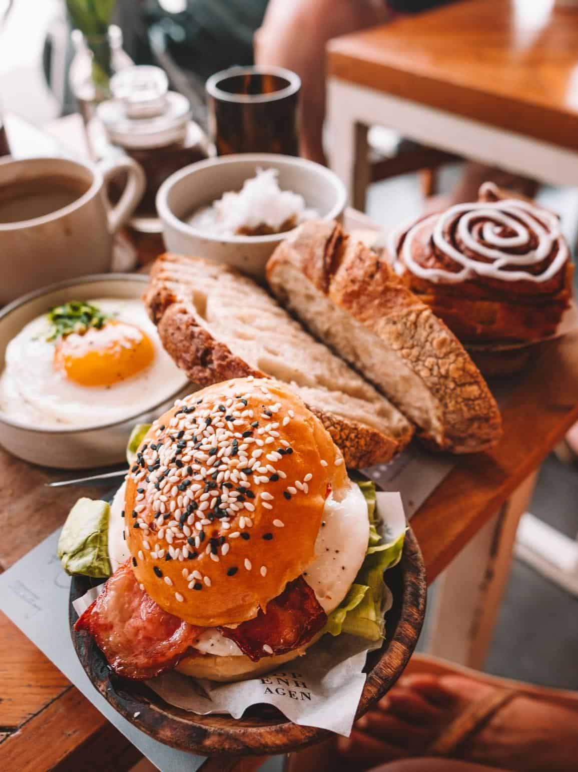 A breakfast sandwich, eggs and toast from Copenhagen in Canggu Bali