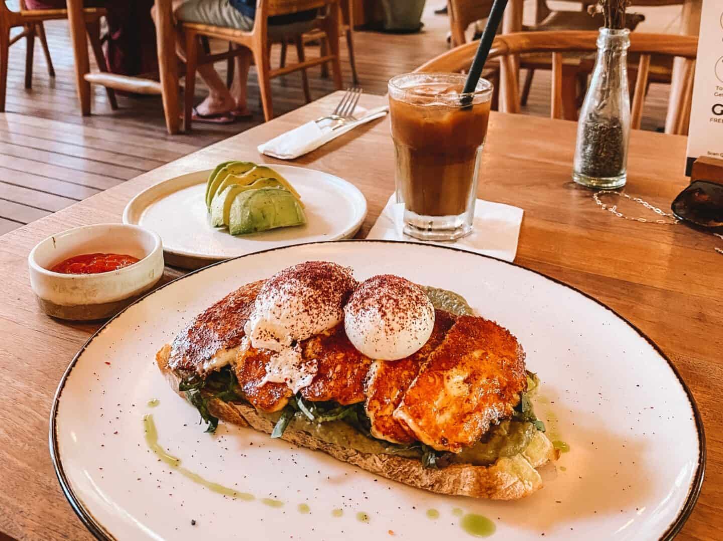 A delicious breakfast in Canggu consisting of grilled halloumi toast from Zin Cafe