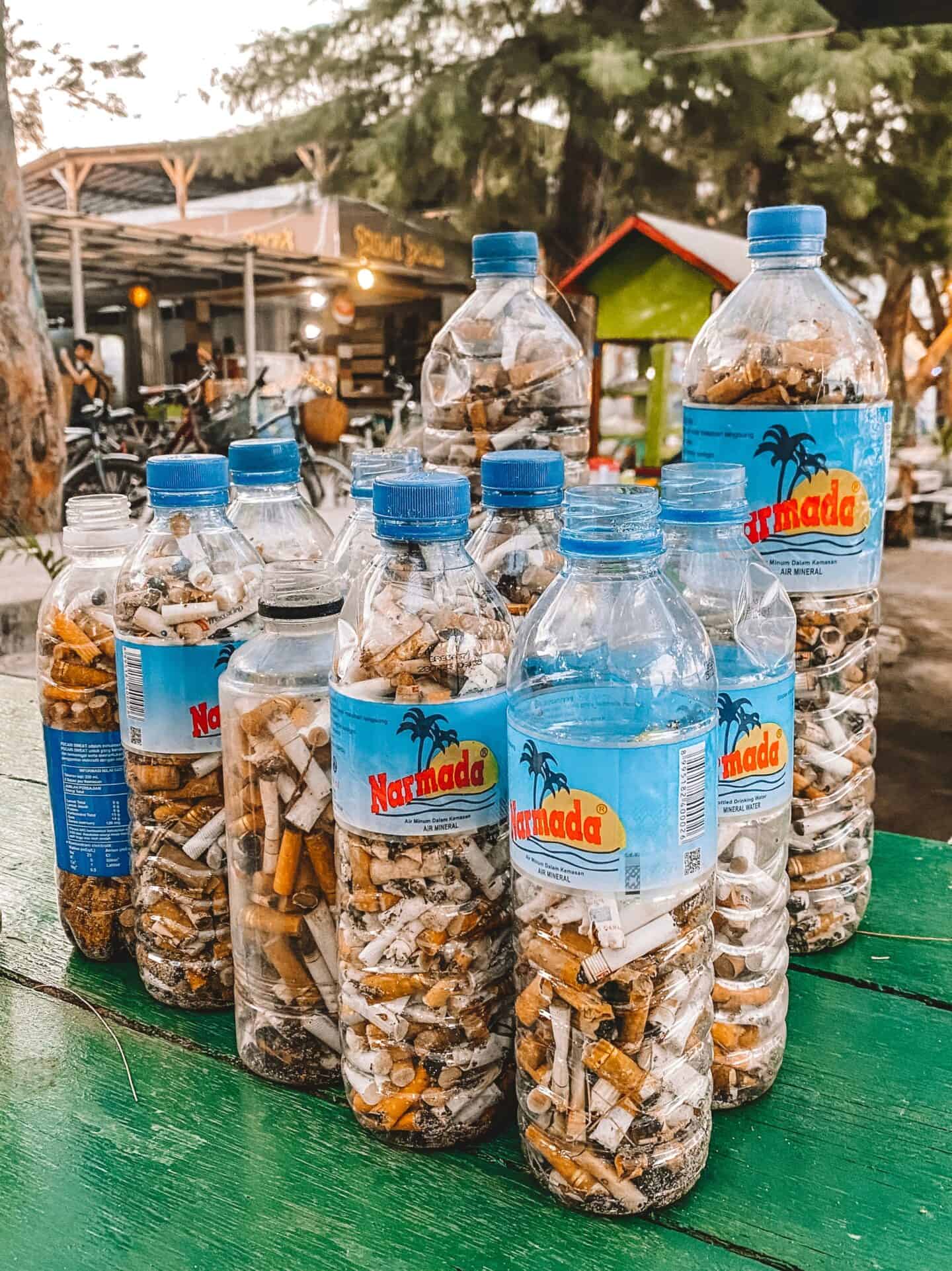 Water bottles filled with littered cigarette butts while volunteering with the Gili Eco Trust