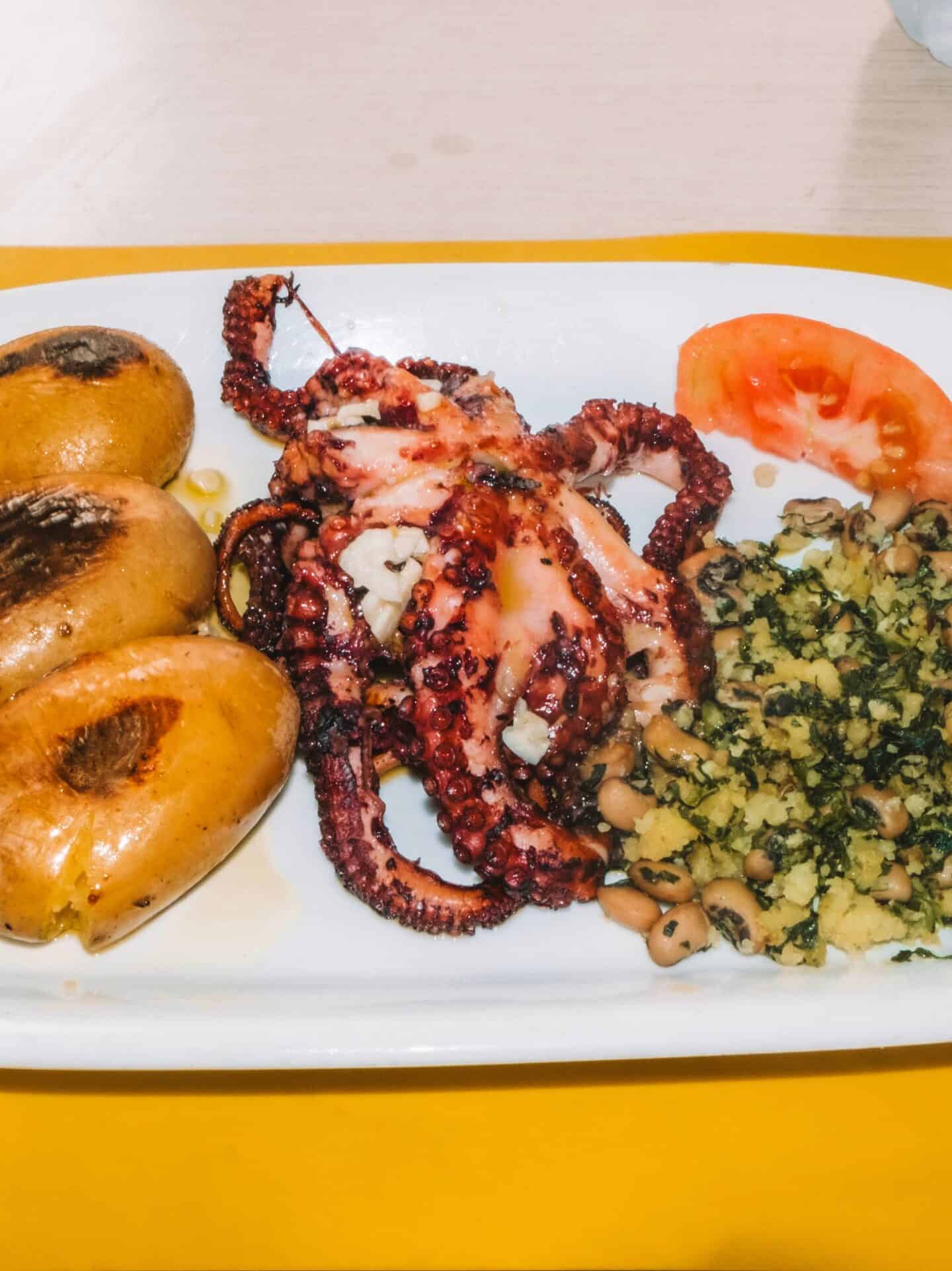 Grilled octopus from Santo André restaurant in Alfama near the Miradouro de Santa Luzia. 