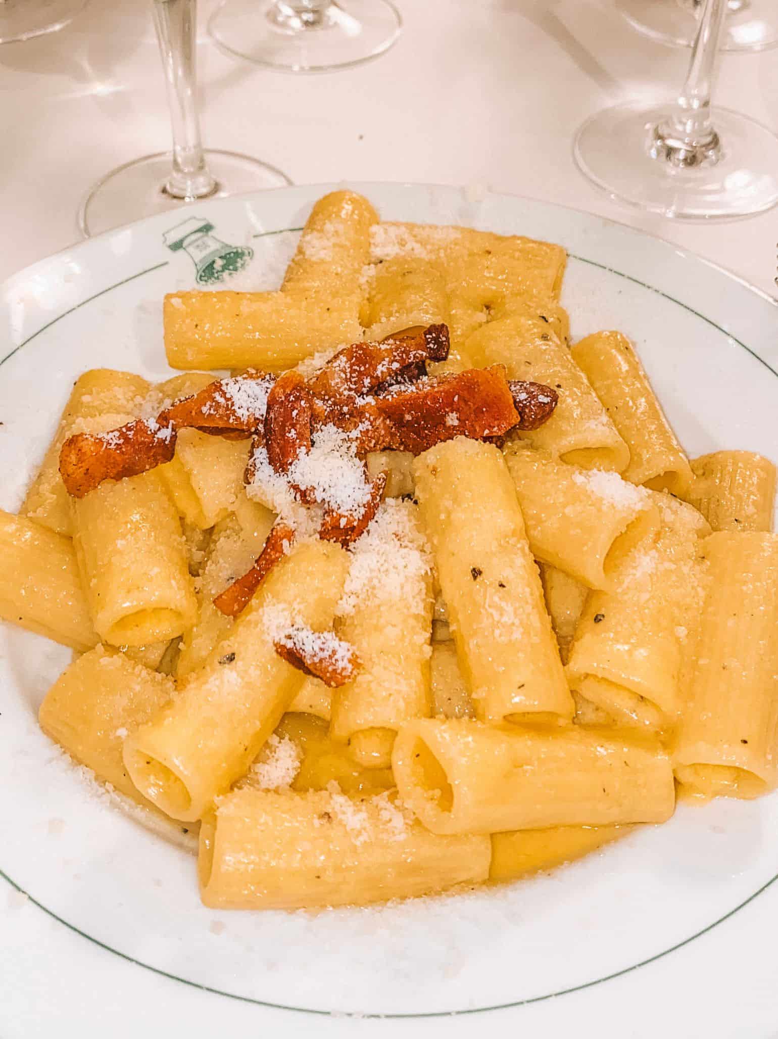 A heaping plate of rigatoni alla carbonara from La Campana – the oldest restaurant in Rome. 
