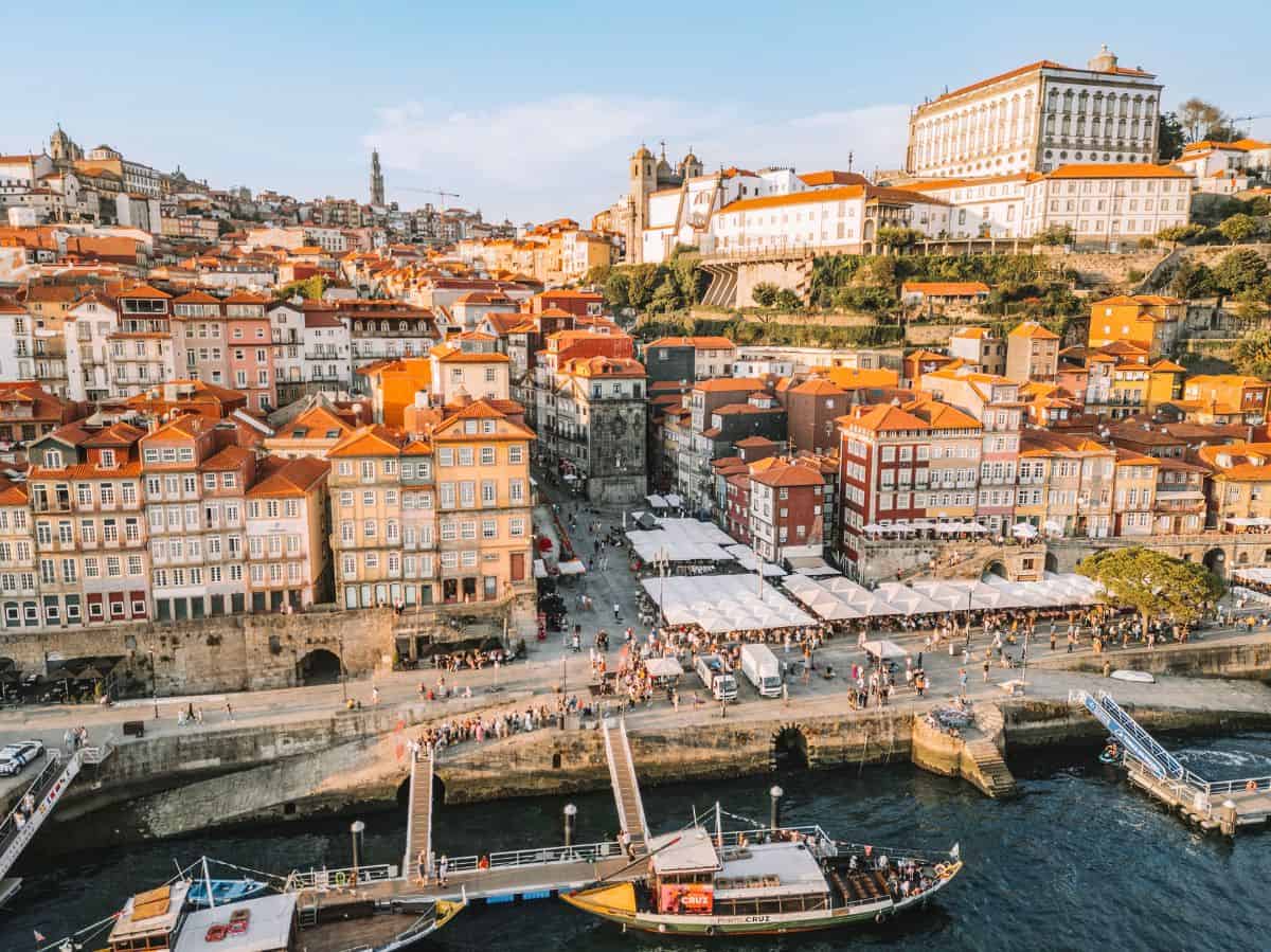 The colorful Ribeira district near the Douro River in Porto. 