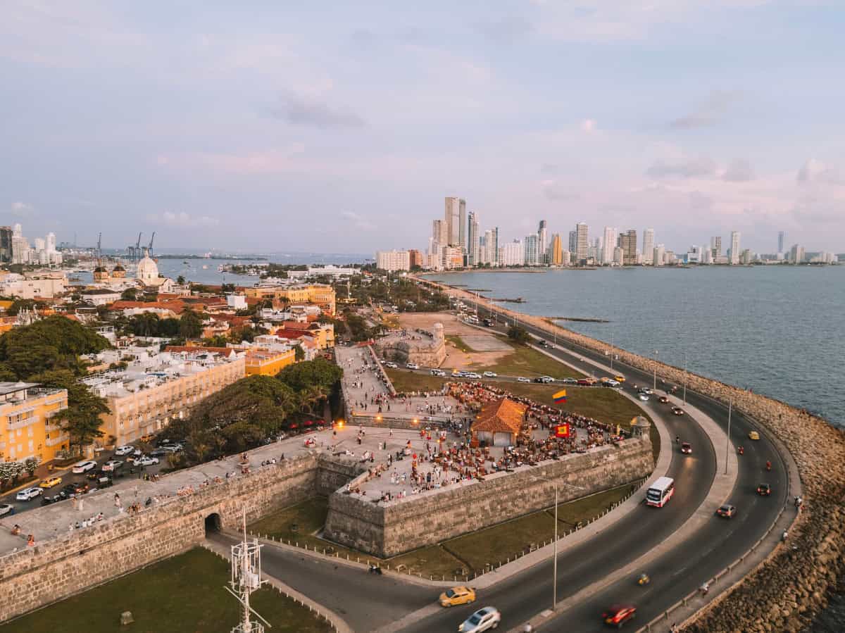 An aerial shot of Cafe Del Mar in Cartagena with Bocagrande in the background.