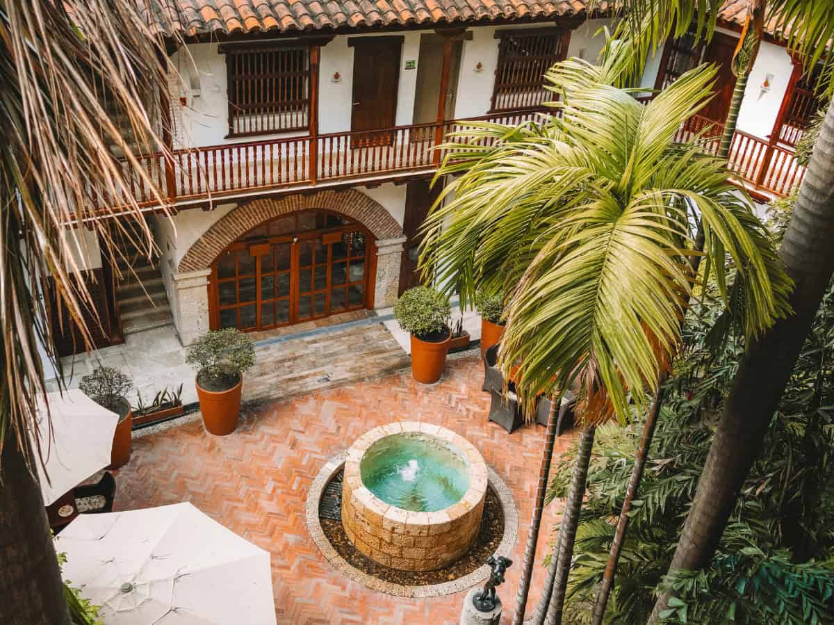 The courtyard of the Armería Real Hotel in Getsemani. 